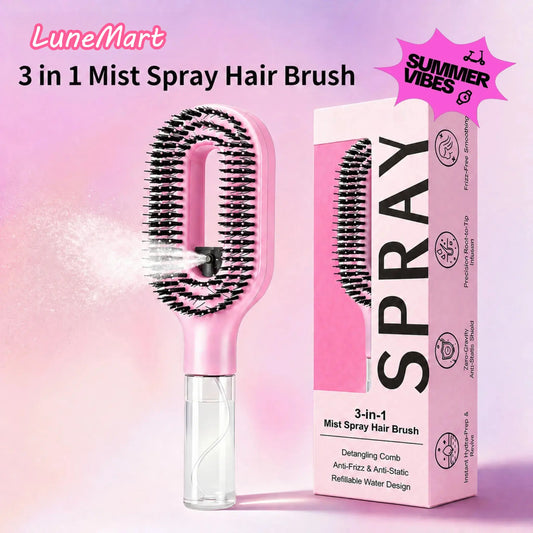3-in-1 Mist Spray Detangling Brush – Anti-Frizz Ionic Comb, 55ml Water Tank