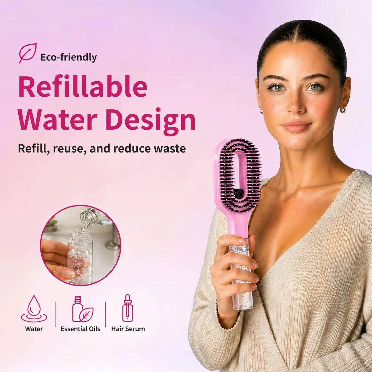 3-in-1 Mist Spray Detangling Brush – Anti-Frizz Ionic Comb, 55ml Water Tank