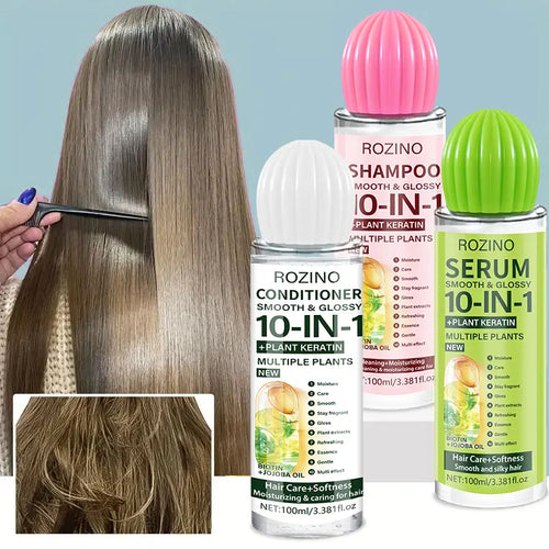Rozino-10-In-1 Hair Care 3-Piece Set Shampoo Conditioner & Hair Serum with Nourishing Keratin Biotin Jojoba Oil for Comprehensive Hair Maintenance