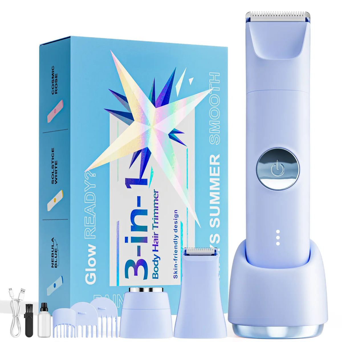 3-in-1 Electric Shaver for Women – Painless Facial & Bikini Trimmer, Wet & Dry Use, IPX6 Waterproof, Hypoallergenic Blades, 120-Min Runtime, 3 Combs Included