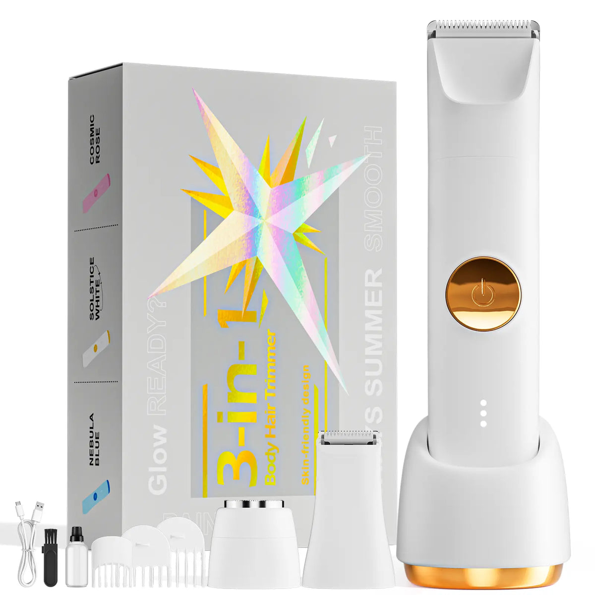 3-in-1 Electric Shaver for Women – Painless Facial & Bikini Trimmer, Wet & Dry Use, IPX6 Waterproof, Hypoallergenic Blades, 120-Min Runtime, 3 Combs Included