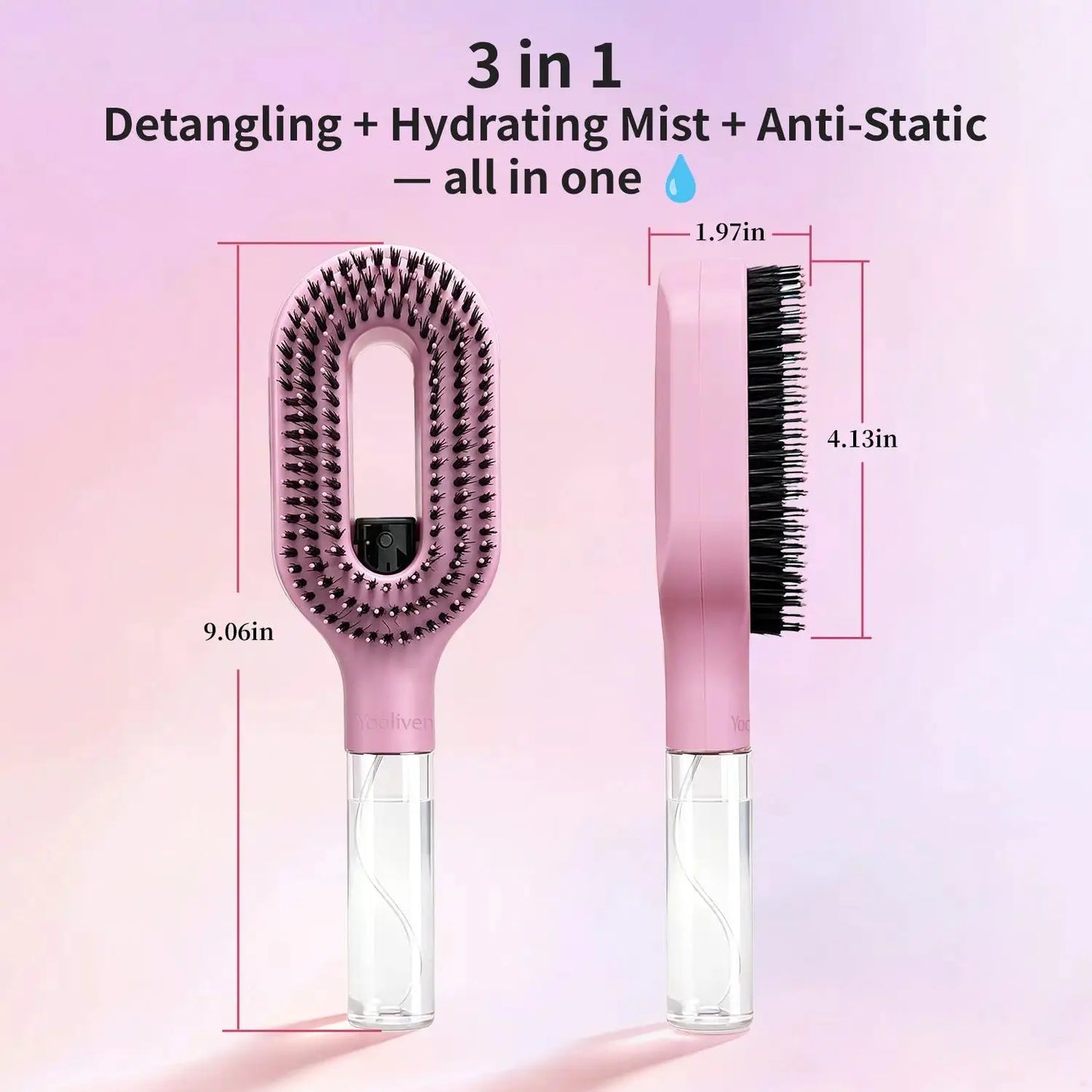 3-in-1 Mist Spray Detangling Brush – Anti-Frizz Ionic Comb, 55ml Water Tank