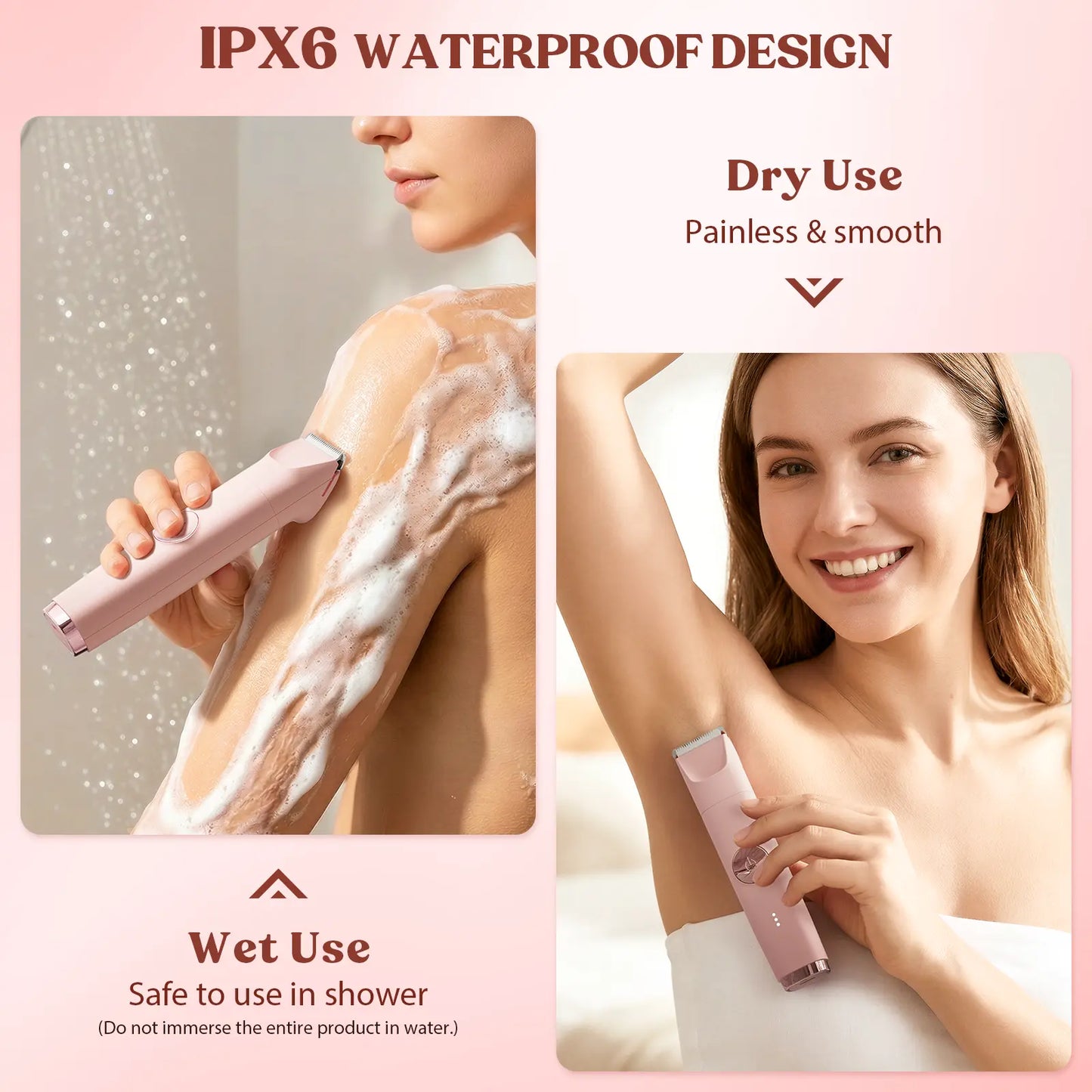 3-in-1 Electric Shaver for Women – Painless Facial & Bikini Trimmer, Wet & Dry Use, IPX6 Waterproof, Hypoallergenic Blades, 120-Min Runtime, 3 Combs Included