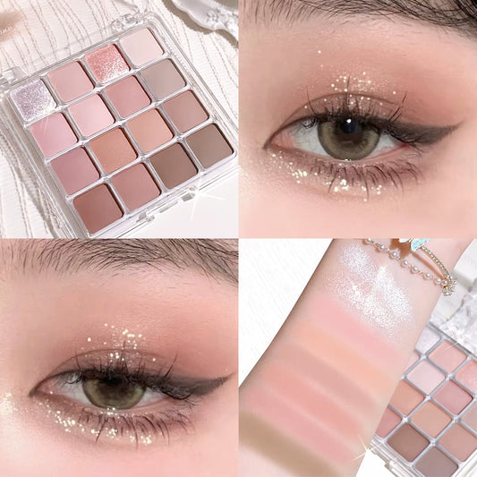 16-Color Sunset Eyeshadow Palette — Pearl & Matte, Korean Makeup