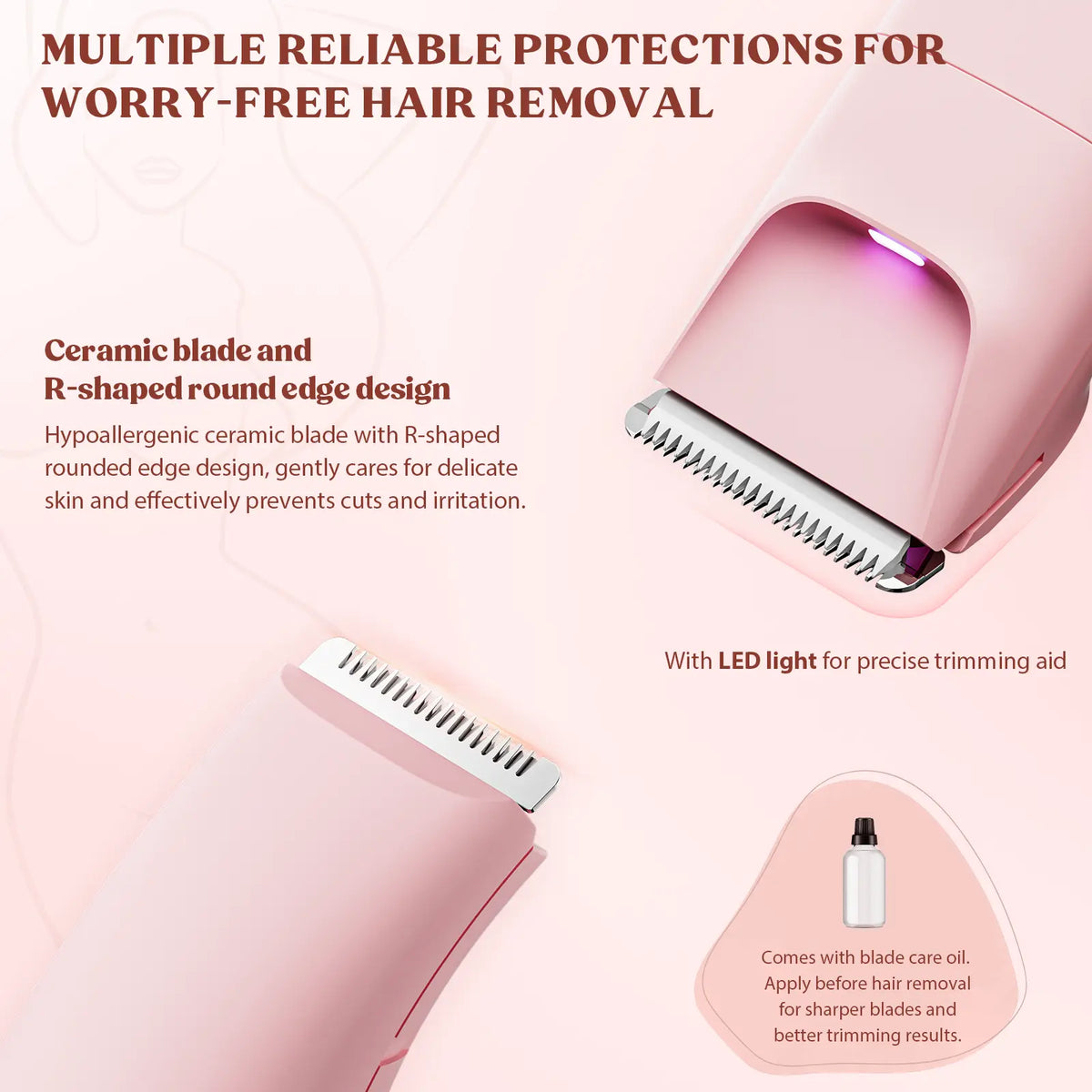 3-in-1 Electric Shaver for Women – Painless Facial & Bikini Trimmer, Wet & Dry Use, IPX6 Waterproof, Hypoallergenic Blades, 120-Min Runtime, 3 Combs Included
