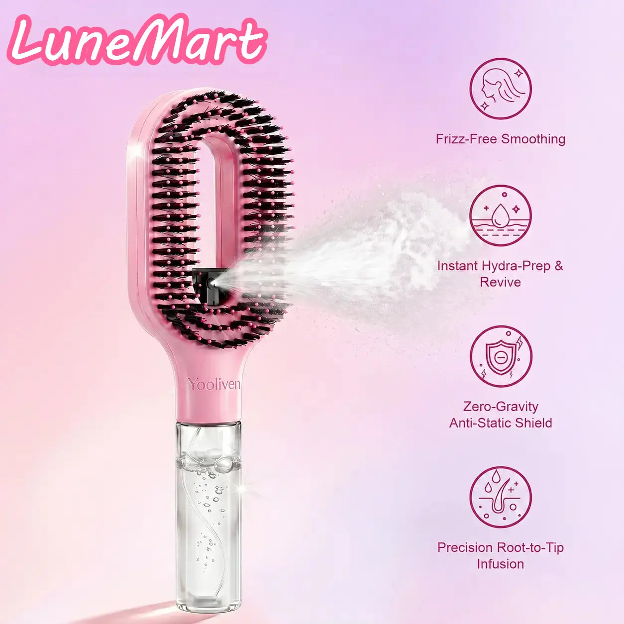3-in-1 Mist Spray Detangling Brush – Anti-Frizz Ionic Comb, 55ml Water Tank
