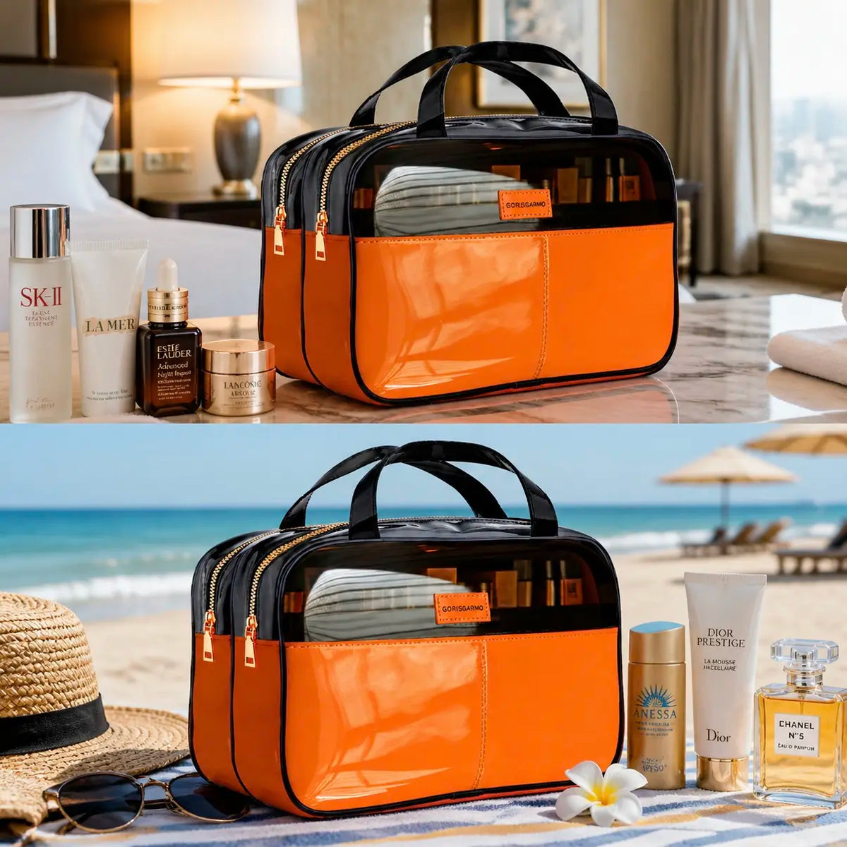 GORISGARMO Clear Toiletry Bag – Double-Layer Travel Bag for Carry-On, Water-Repellent Cosmetic Organizer for Women