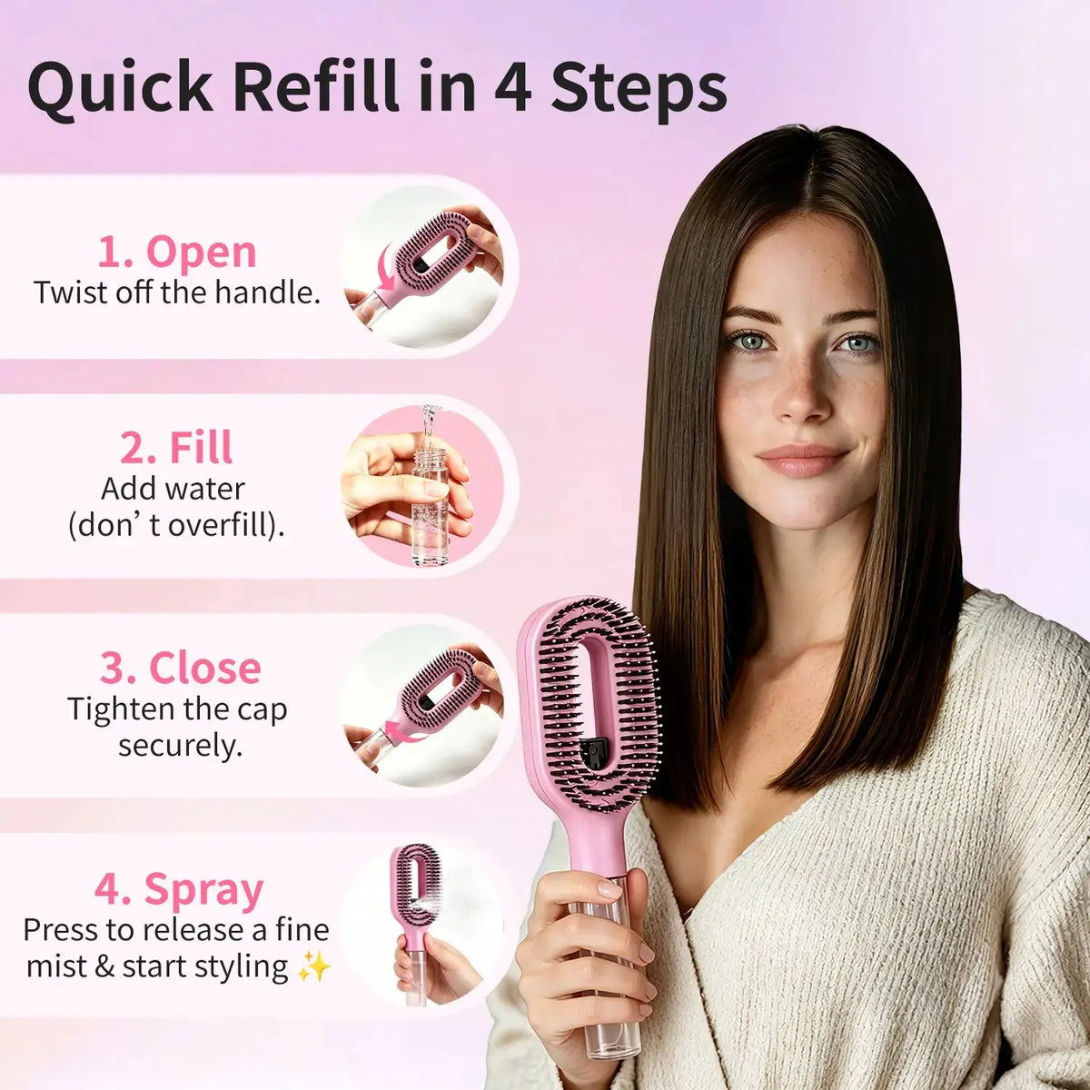 3-in-1 Mist Spray Detangling Brush – Anti-Frizz Ionic Comb, 55ml Water Tank