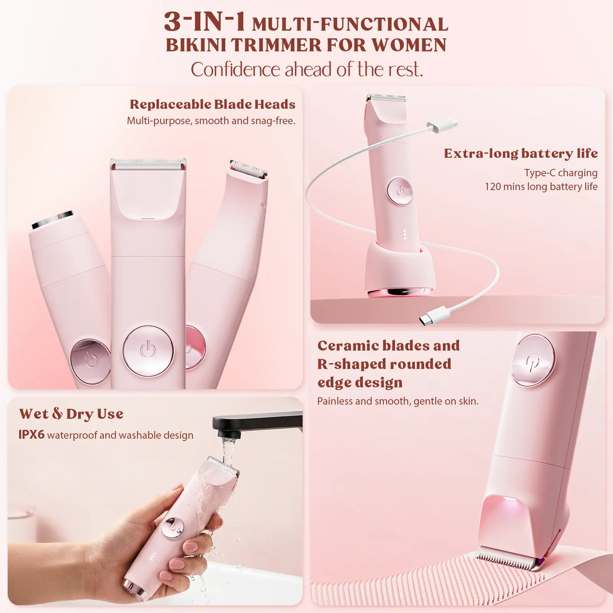 3-in-1 Electric Shaver for Women – Painless Facial & Bikini Trimmer, Wet & Dry Use, IPX6 Waterproof, Hypoallergenic Blades, 120-Min Runtime, 3 Combs Included